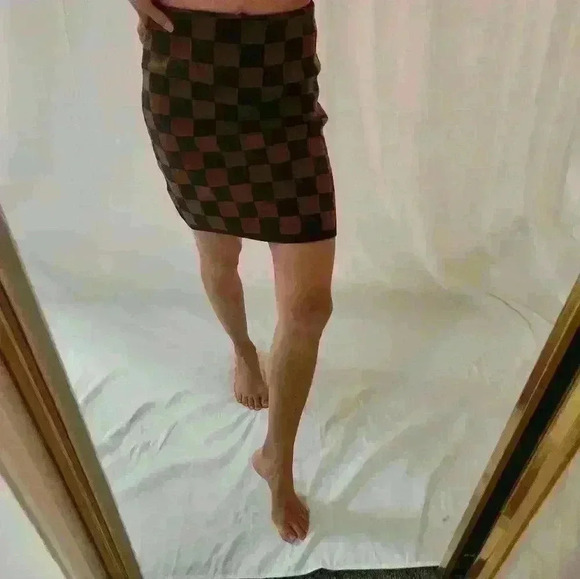 J.ING Korean Brown Beige Checked Checkered Knee Length Skirt Knit Designer Luxur - Picture 3 of 7
